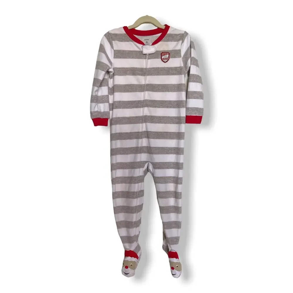 Carter's Gray White Striped Santa's‎ Little Helper Zipper Fleece Sleeper 4T Red